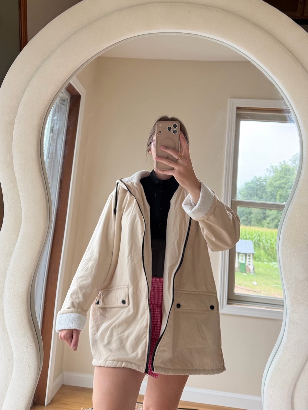 Women's Cream Sherpa-Lined Hooded Teddy Jacket